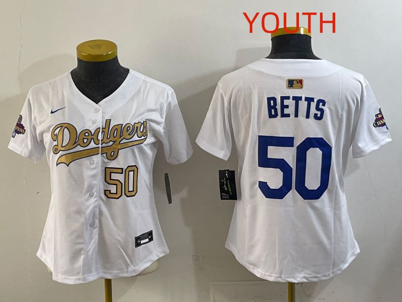 Youth Los Angeles Dodgers #50 Betts White Champion edition Nike MLB Jersey style 004->youth mlb jersey->Youth Jersey